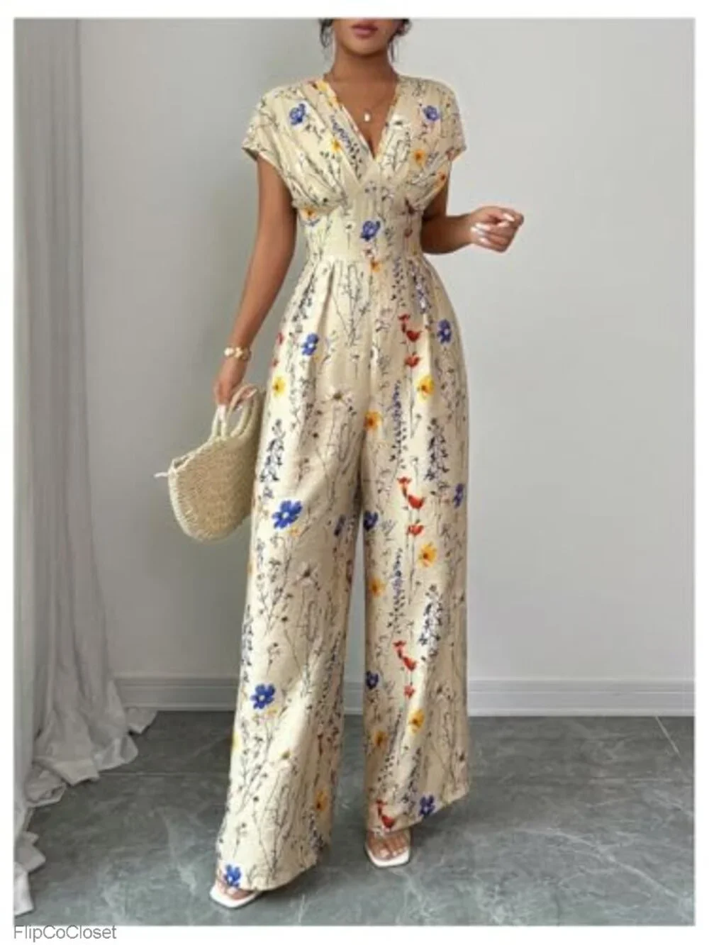 Women's Floral V-Neck Cap Sleeve Wide Leg Jumpsuit Romper